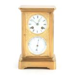 A SMALL 19TH CENTURY FRENCH FOUR-GLASS CLOCK/BAROMETER the moulded brass case inset with four