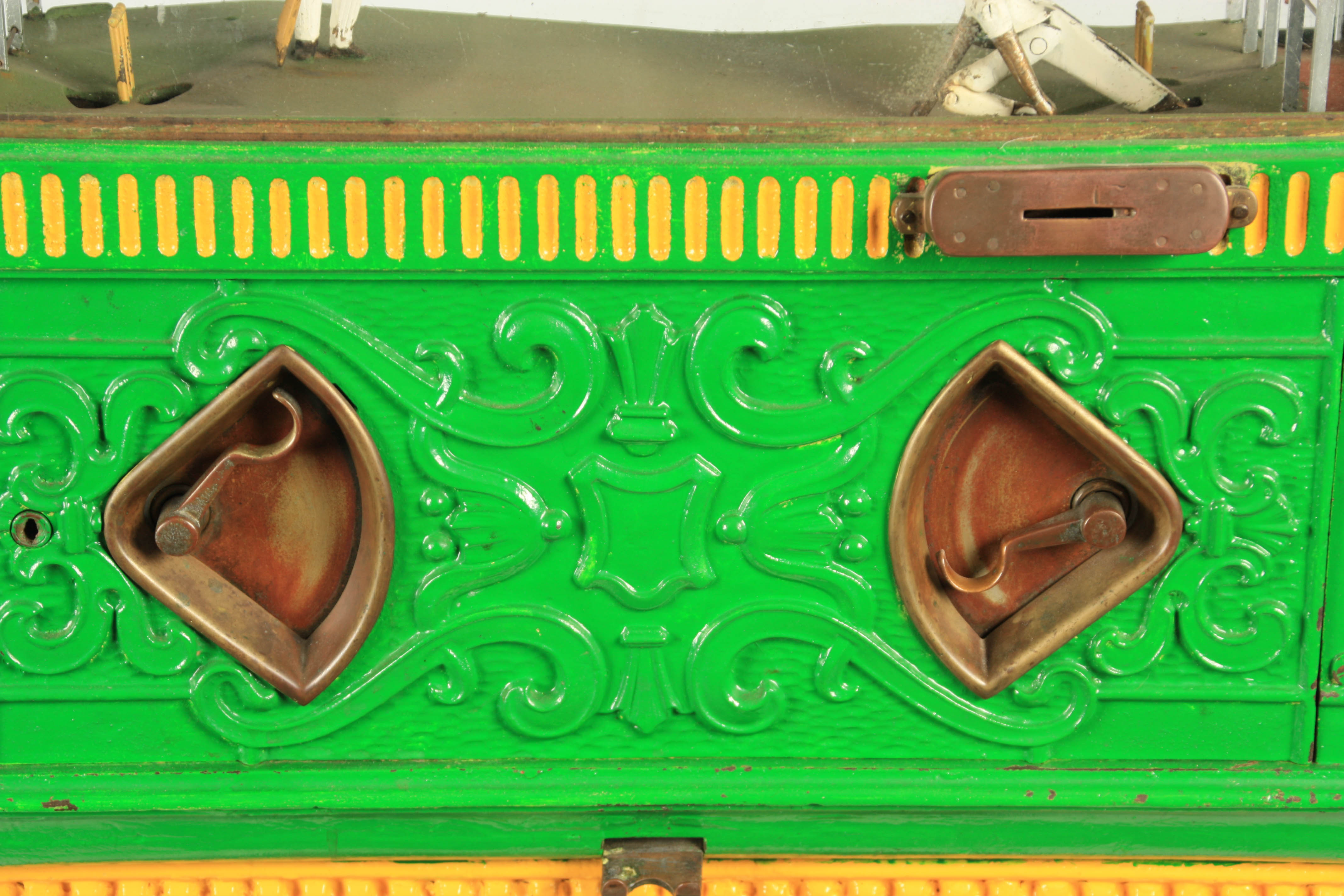 A LATE 19TH CENTURY PAINTED CAST IRON 'PENNY IN THE SLOT' CRICKET ARCADE MACHINE with tile effect - Image 7 of 14