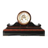 A LATE 19TH CENTURY BLACK AND ROUGE MARBLE MANTEL CLOCK with plinth base having red marble mouldings