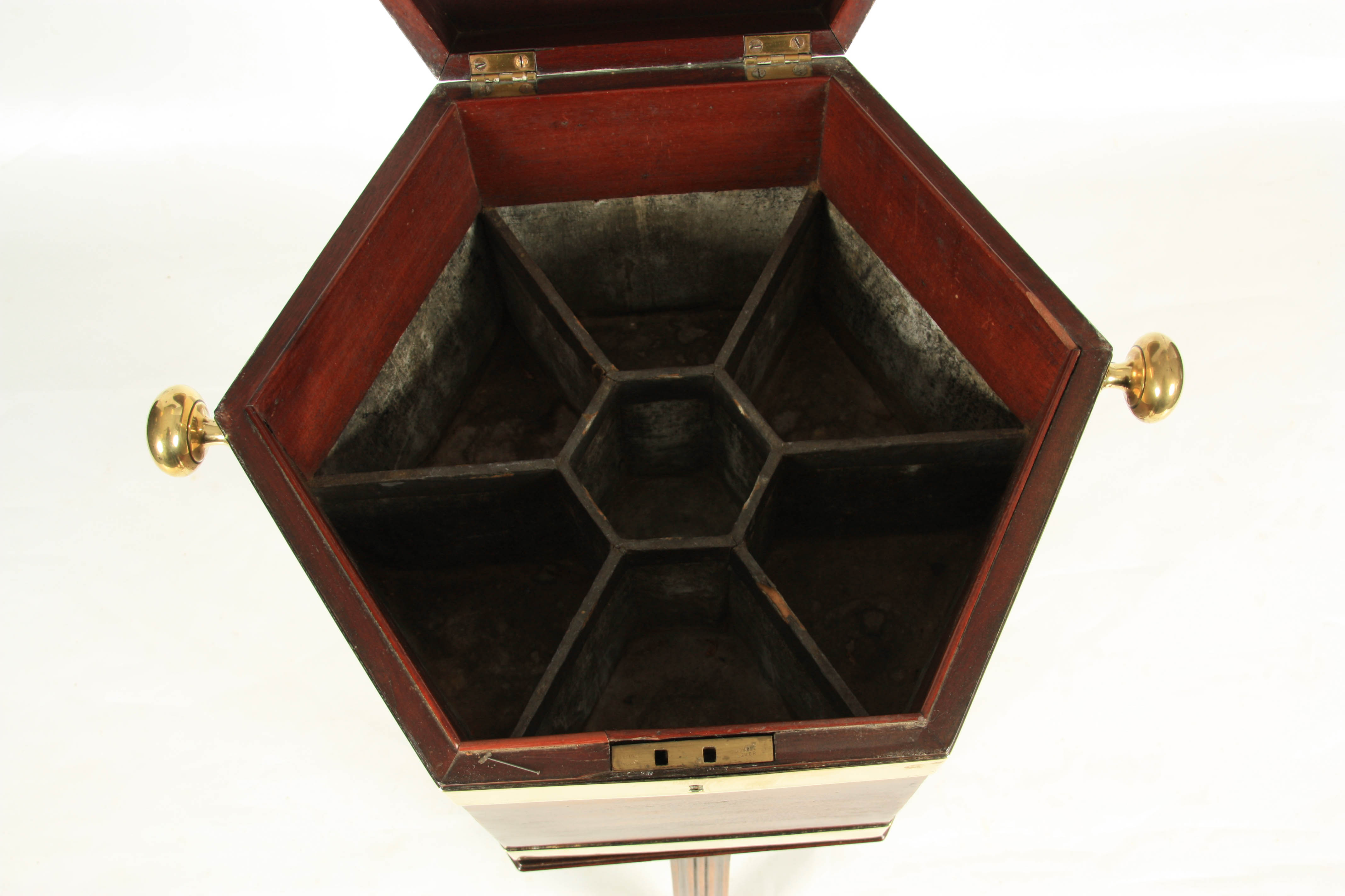 A GEORGE III MAHOGANY BRASS BOUND HEXAGONAL SHAPED CELLARETTE ON STAND with hinged top revealing a - Image 5 of 6