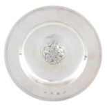 AN ELIZABETH II TUDOR ROSE DESIGN SILVER DISH with ringed edge and dished centre 25.5cm diameter