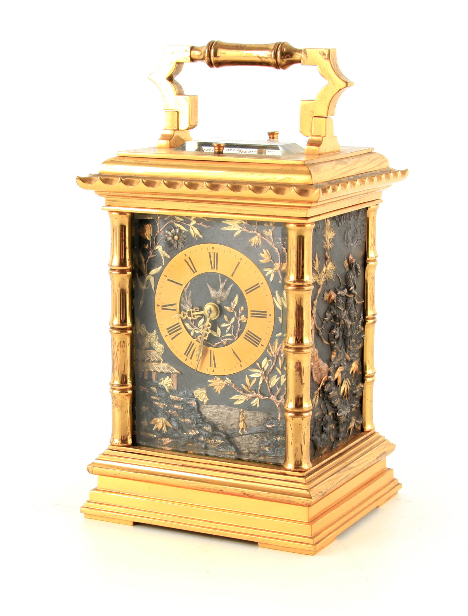 A RARE LATE 19TH CENTURY FRENCH 5 MINUTE REPEATING JAPANESE STYLE CARRIAGE CLOCK the brass case with