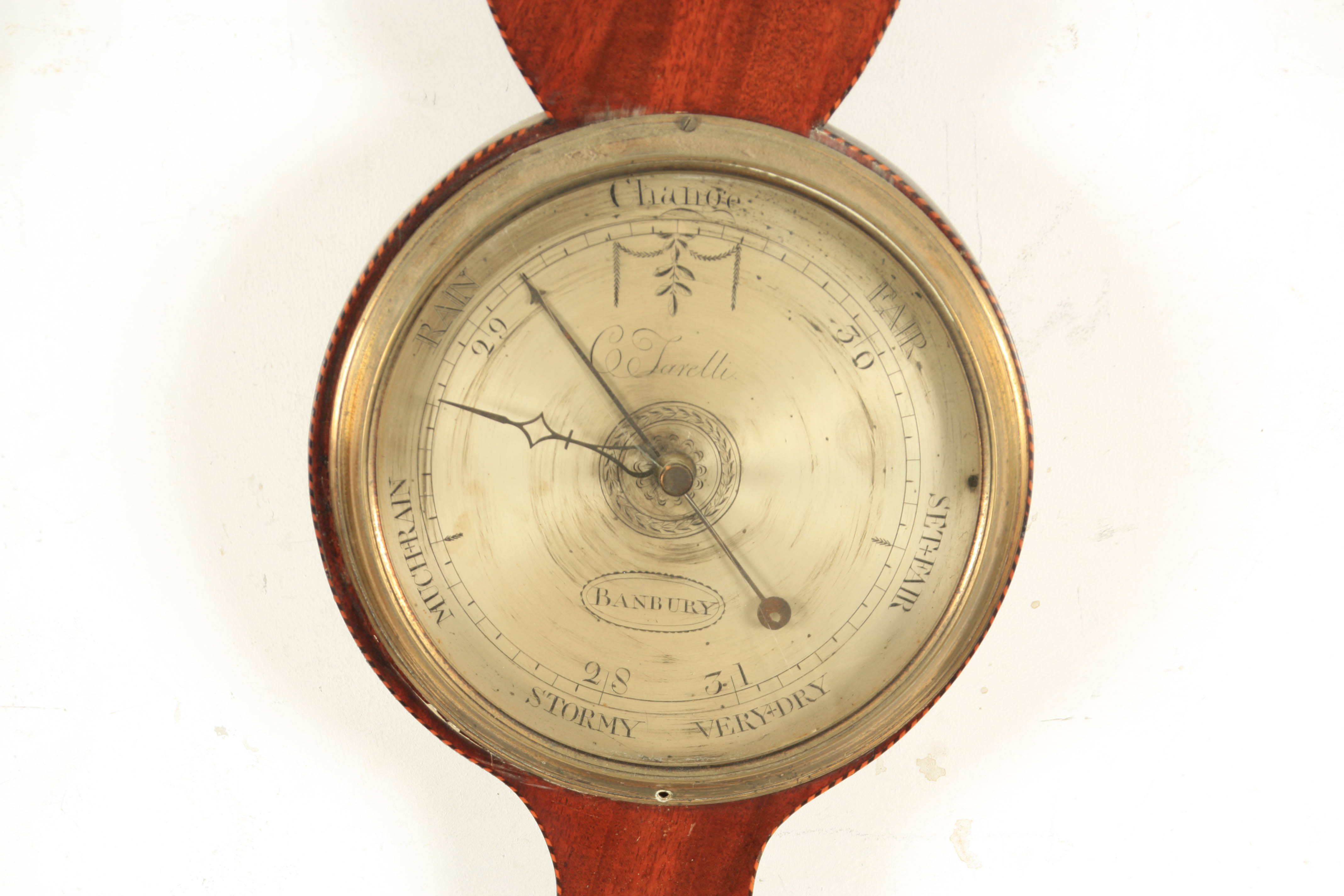 CHARLES TARELLI, BANBURY A LATE GEORGE III SHELL INLAID WHEEL BAROMETER the mahogany case with - Image 2 of 6