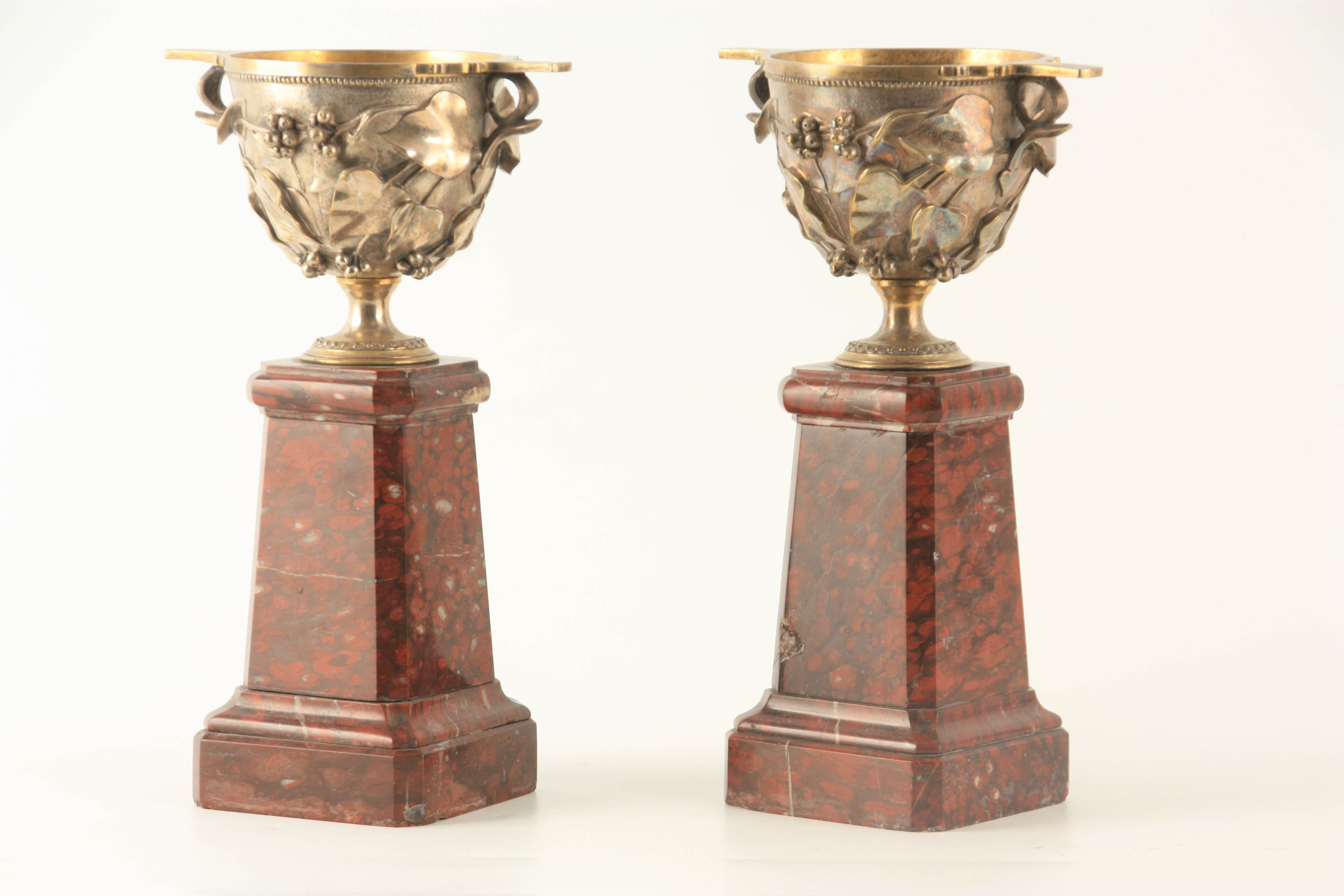 A PAIR OF 19TH CENTURY FRENCH TWO HANDLED SILVERED BRONZE AND MARBLE PEDASTEL URNS cast in high - Image 3 of 4