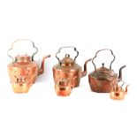 A MATCHED GRADUATED SET OF SIX LATE GEORGIAN COPPER KETTLES of seamed form with cast arched
