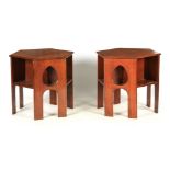 A PAIR OF 20TH CENTURY LIBERTY STYLE OAK TEARDROP OCCASIONAL TABLES having hexagon-shaped tops