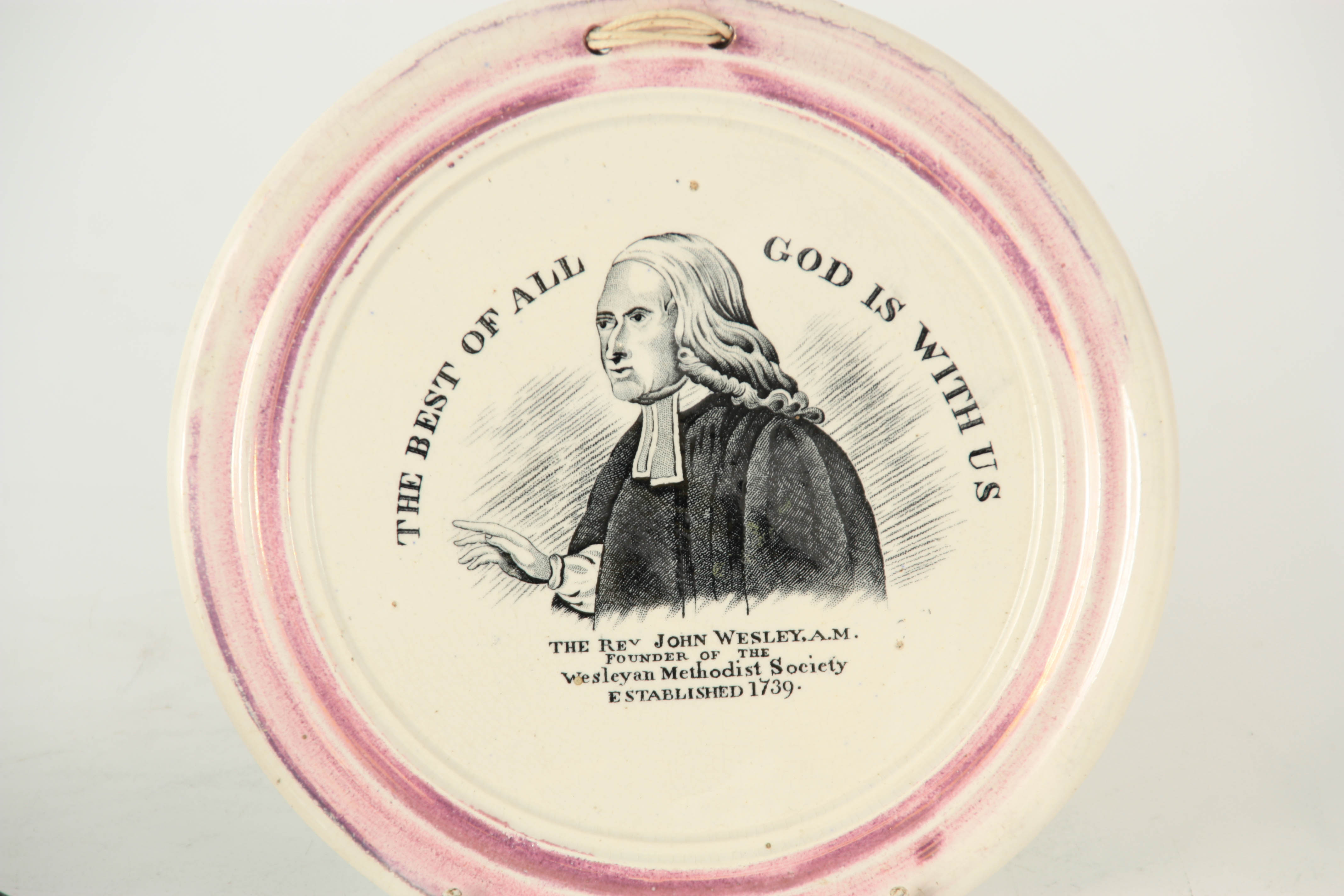 A 19TH CENTURY SUNDERLAND TYPE CERAMIC WALL PLAQUE RELATING TO REV. JOHN WESLEY, A.M. with - Image 2 of 3