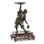 A LARGE MEIJI PERIOD JAPANESE PATINATED BRONZE SCULPTURE modelled as a warrior holding a skull