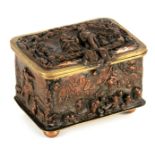 A 19TH CENTURY EMBOSSED BRONZE CASKET with finely detailed all-round figural and landscape panels