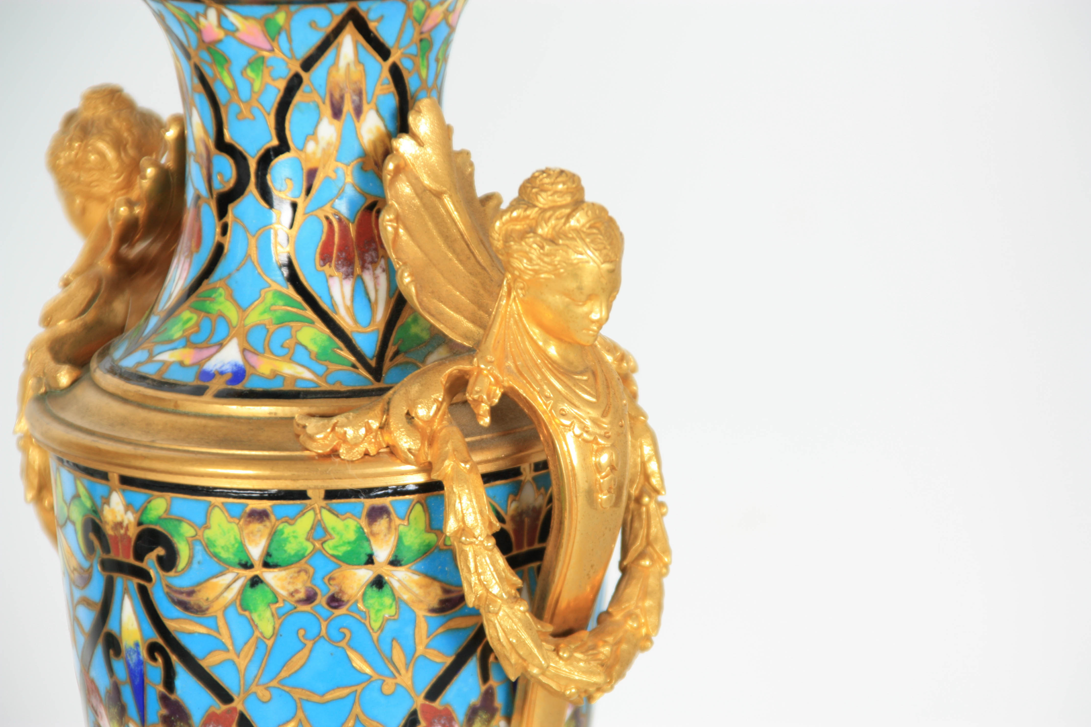 BOXHILL, BRIGHTON A LATE 19TH CENTURY FRENCH ORMOLU AND CHAMPLEVE ENAMEL CLOCK GARNITURE the four- - Image 6 of 14