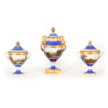 A FINE GARNITURE SET OF 3 EARLY 19TH CENTURY PORCELAIN COVERED VASES, probably Chamberlains