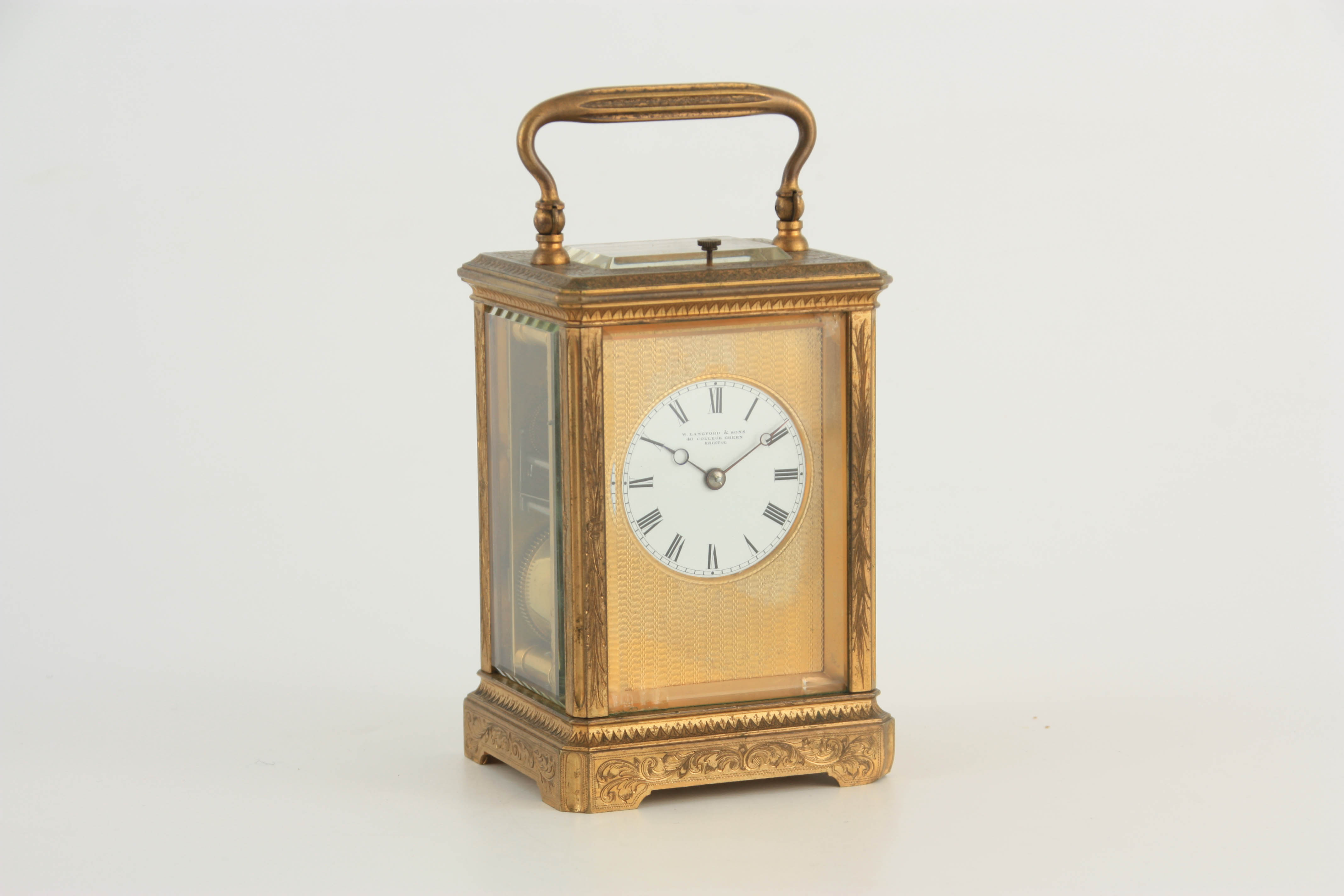 A LATE 19TH CENTURY FRENCH MASK DIAL ENGRAVED GILT BRASS REPEATING CARRIAGE CLOCK the full floral - Image 2 of 8