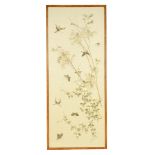 A LATE 19TH CENTURY CHINESE SILK EMBROIDERED HANGING PANEL depicting butterflies admist bamboo and