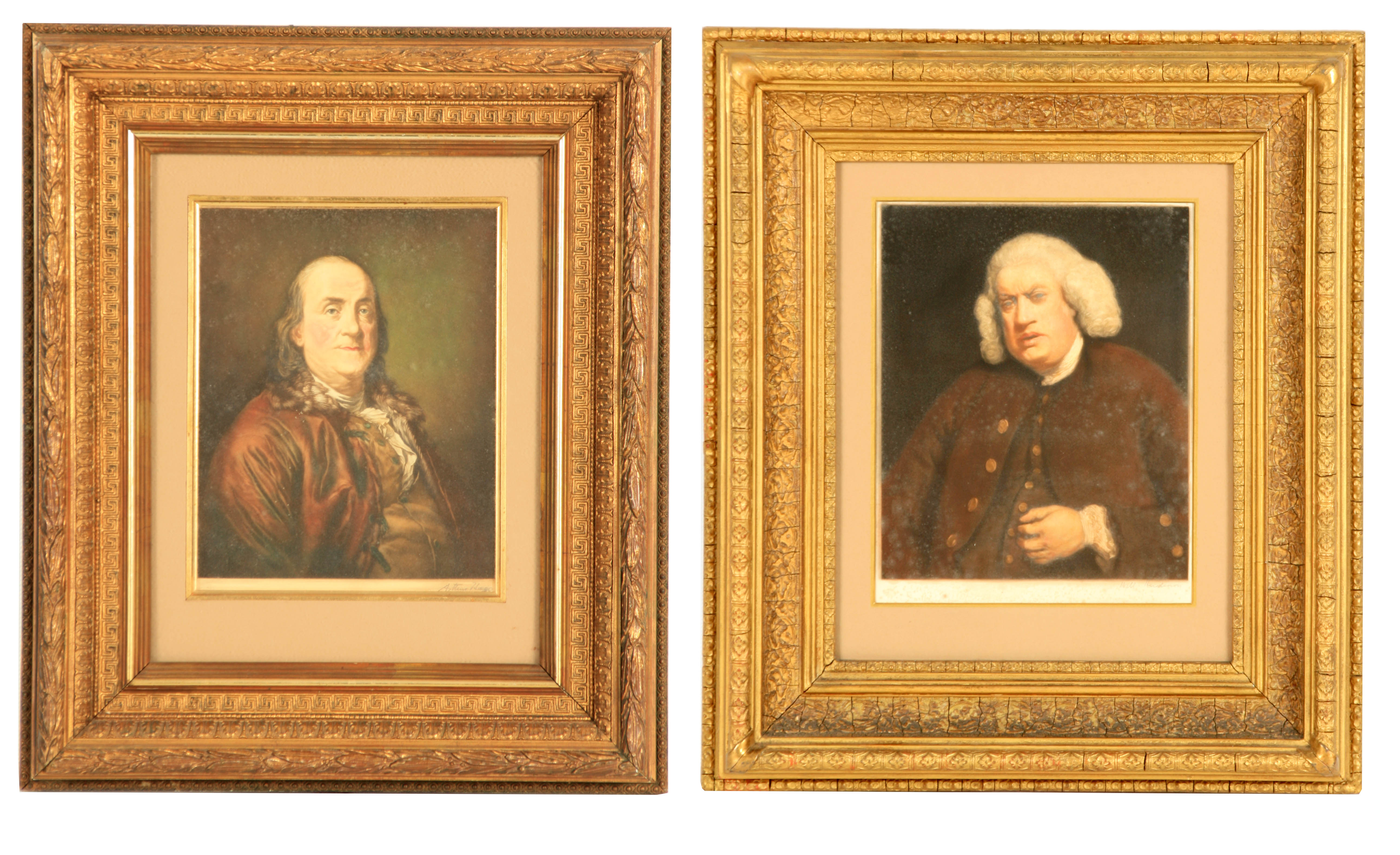 TWO 19TH CENTURY COLOURED PRINTS depiciiting half length portraits of Benjamin Franklin and Samuel