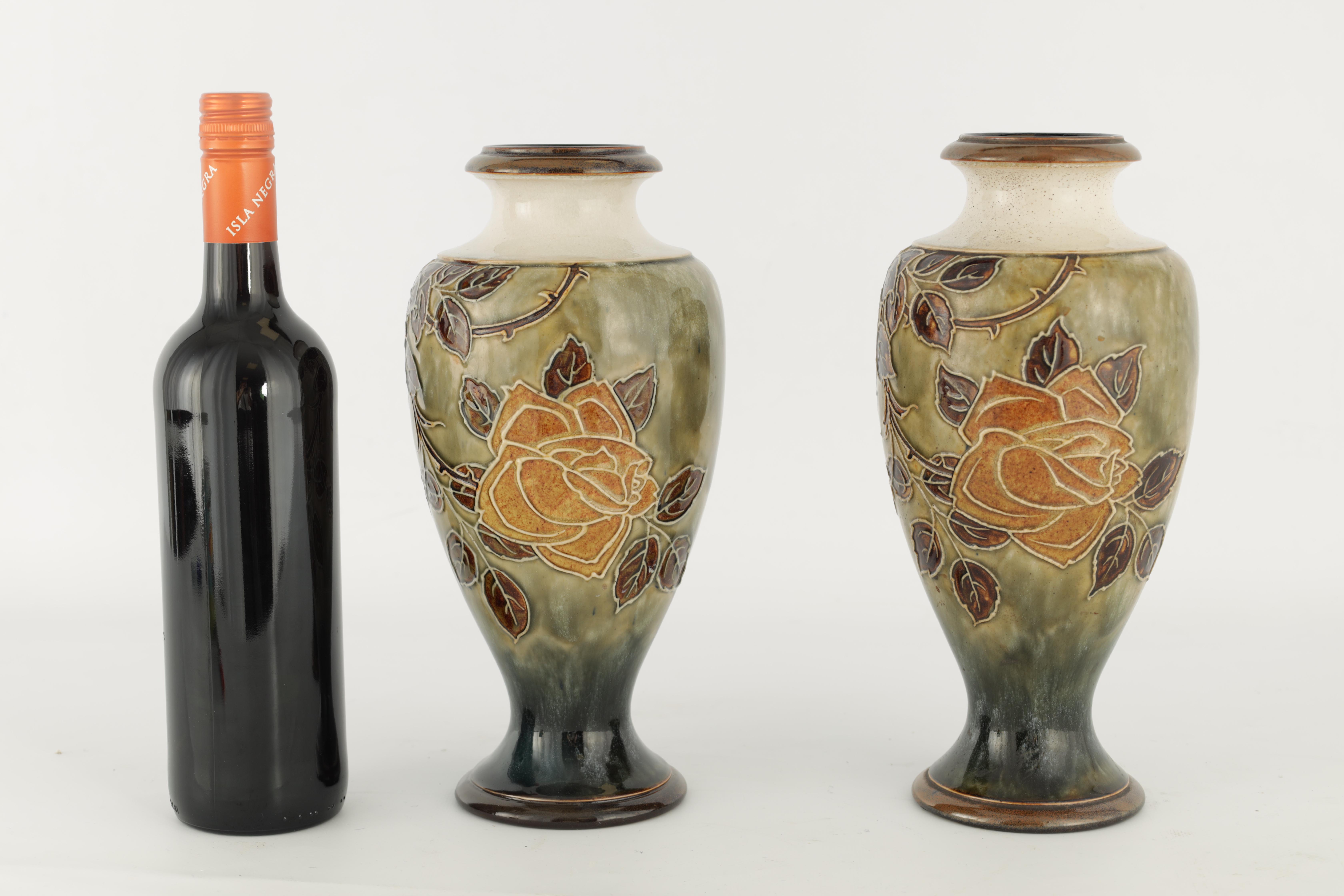 A PAIR OF ROYAL DOULTON INVERTED BALUSTER TALL VASES DESIGNED BY FLORRIE JONES tube lined and - Image 4 of 7