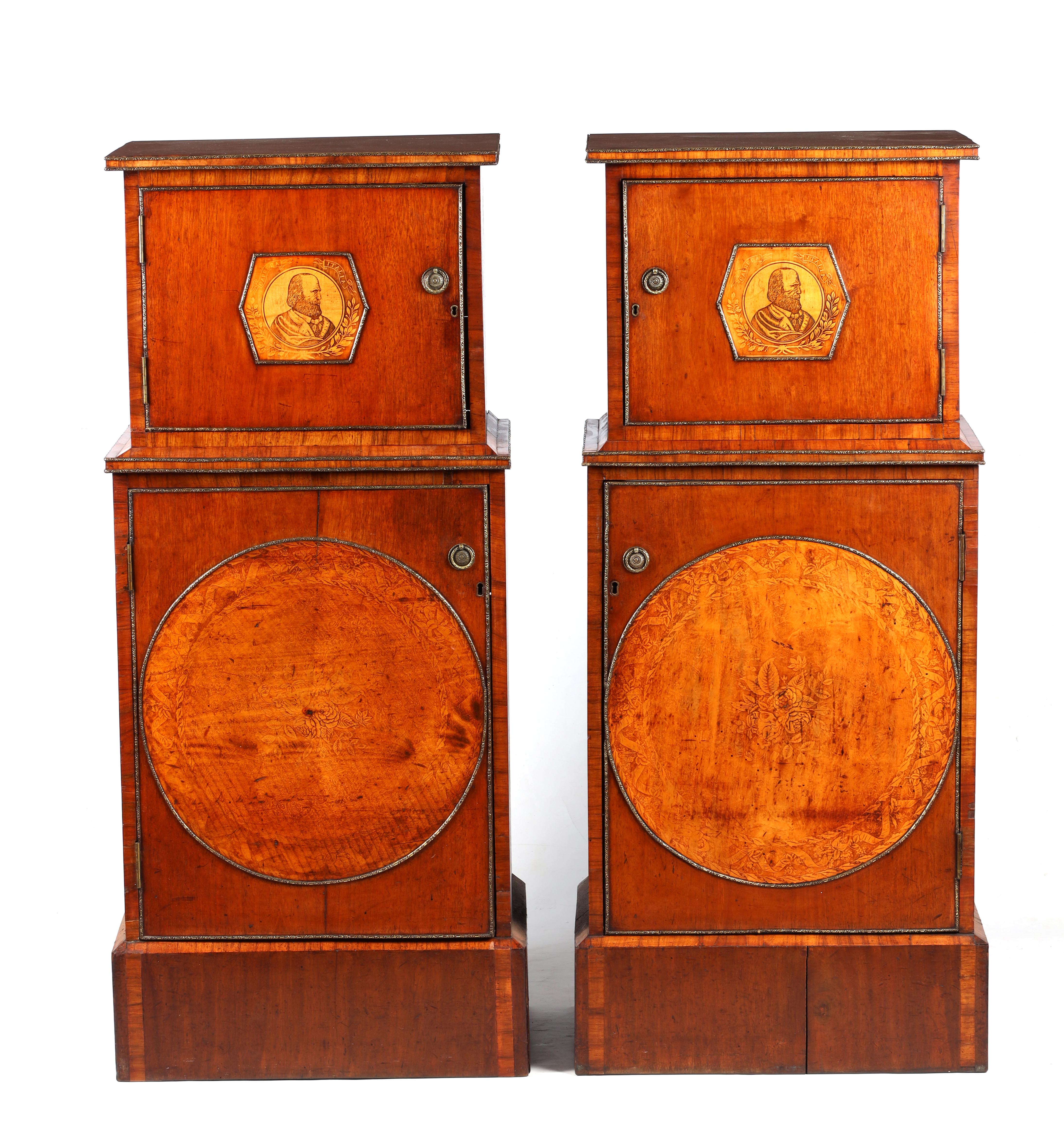 A LARGE PAIR OF GEORGE III KINGWOOD BANDED MAHOGANY PEDESTALS with unusual pen work panels depicting