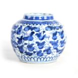 A CHINESE MING BLUE AND WHITE WANLI VASE of bulbous form with scalloped rim, the body decorated with