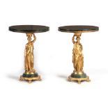 A PAIR OF 20TH CENTURY GILT BRONZE AND VERDE ANTICO MARBLE FIGURAL OCCASIONAL TABLES having circular