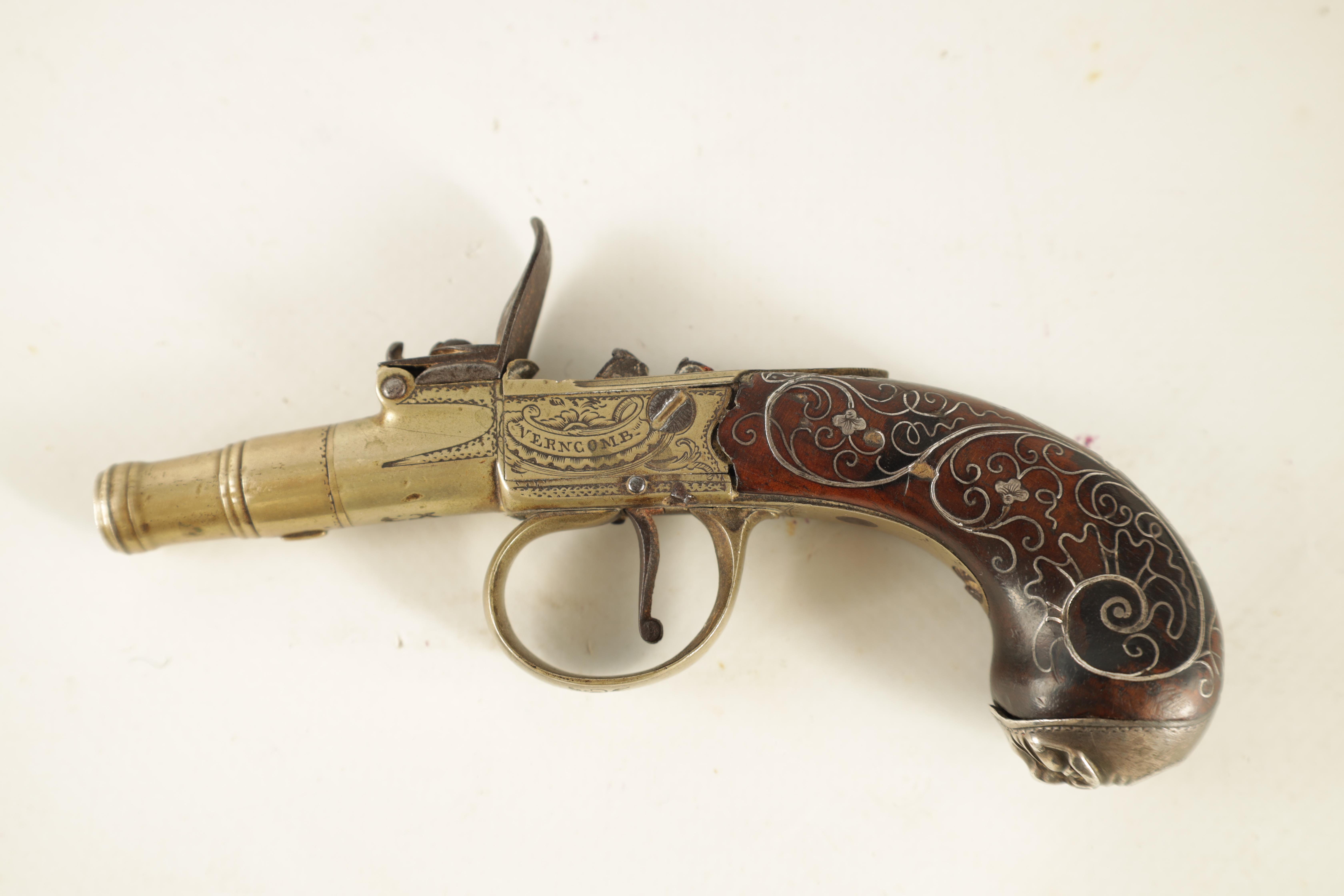 HUGH VERNCOMB, BRISTOL A GEORGE III PACTONG AND WALNUT FLINTLOCK MUFF PISTOL with a cannon-type - Image 8 of 9
