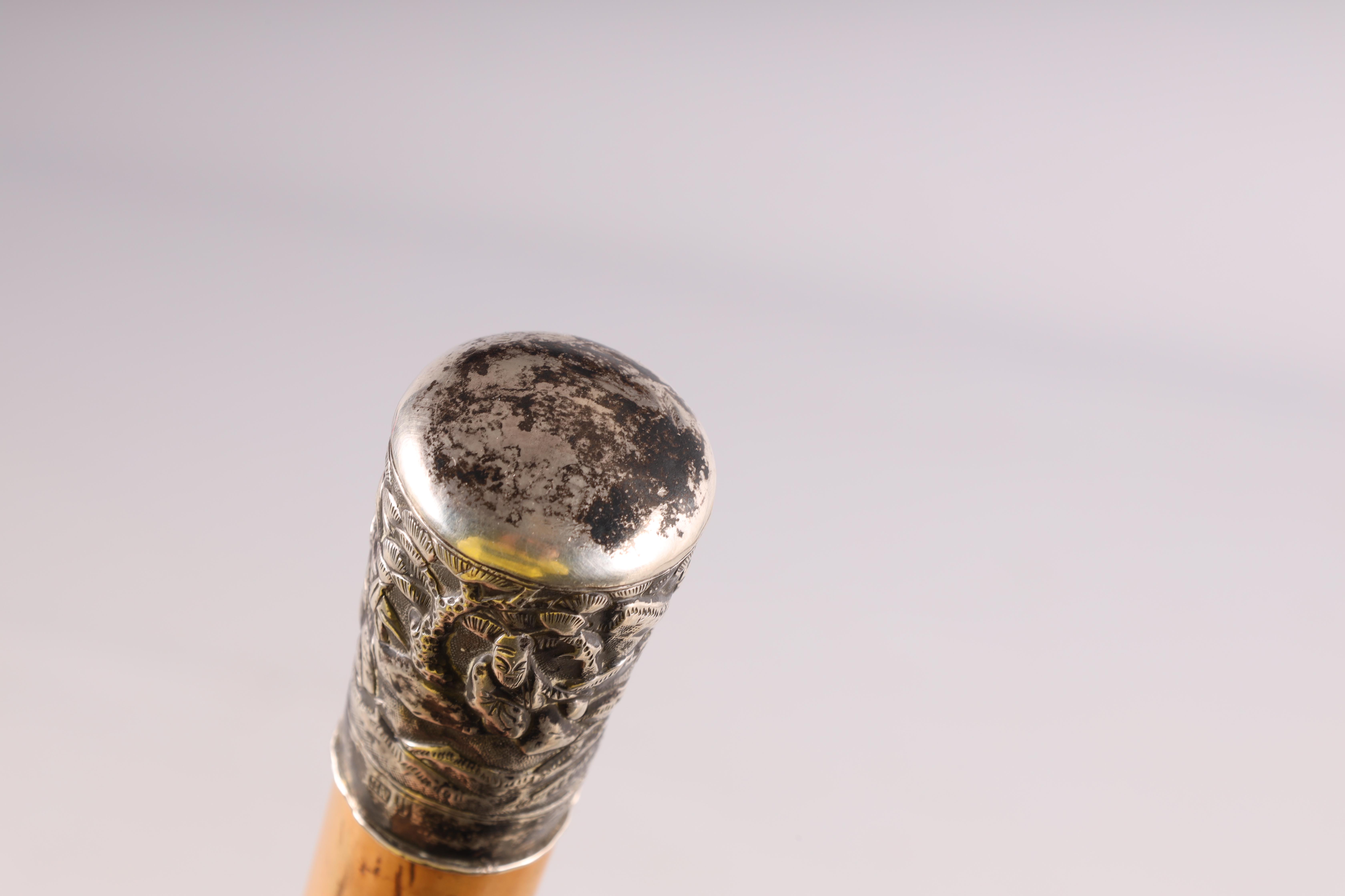 A LATE 19TH CENTURY CHINESE SILVER TOPPED SWORD STICK the silver pommel decorated with characters in - Image 6 of 8