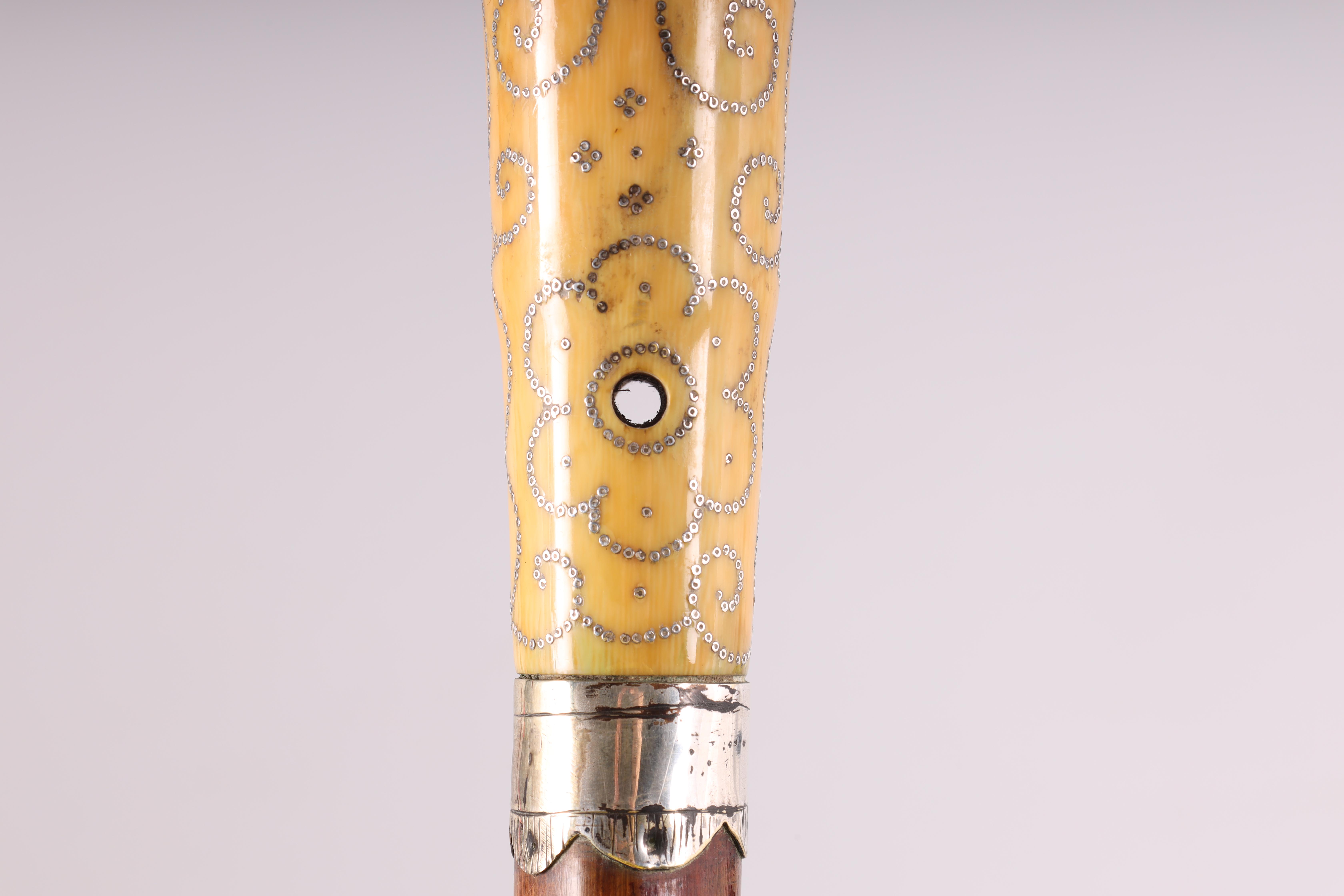 A LATE 17TH CENTURY IVORY AND PIQUE WORK MALACCA WALKING STICK the handle with silver inlaid - Image 4 of 8