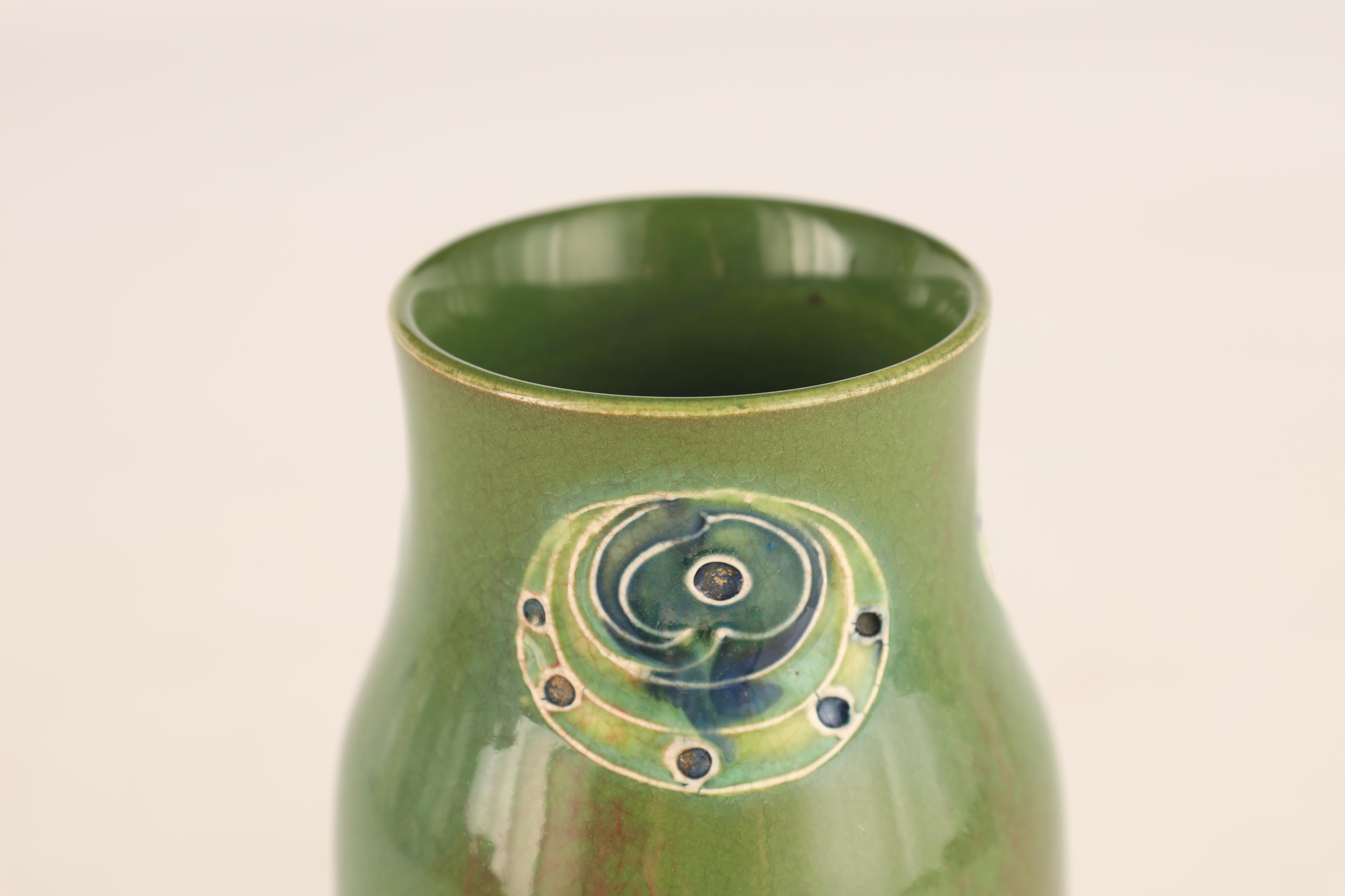 A MOORCROFT PALE GREEN FLAMMINIAN WARE SHOULDERED CYLINDRICAL VASE MADE FOR LIBERTY AND CO with - Image 2 of 5