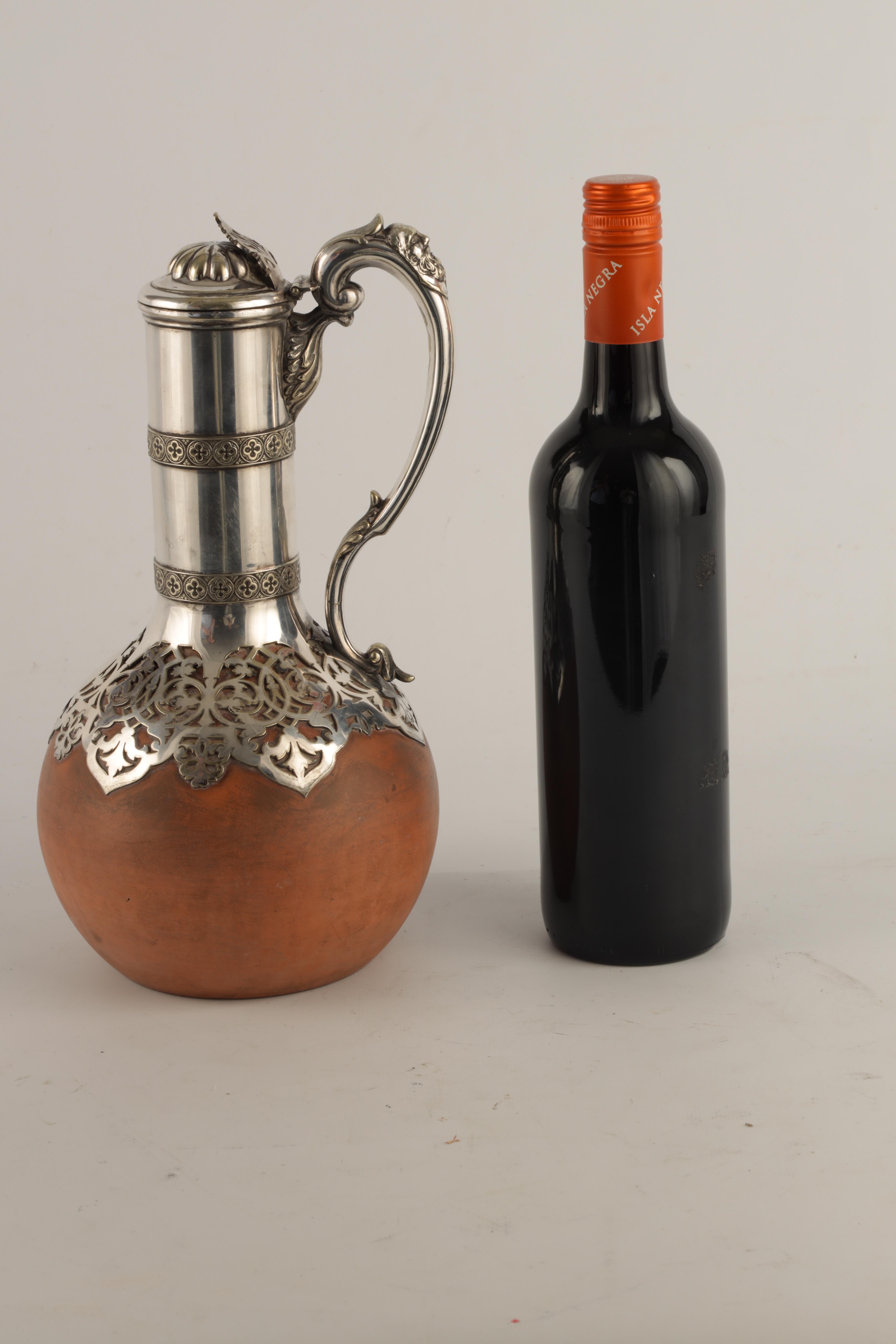 AN UNUSUAL LATE 19TH CENTURY SILVER PLATED CLARET JUG with Wedgewood stoneware body and pierced - Image 7 of 7