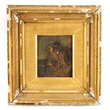 A 19TH CENTURY OIL ON BOARD Abstract portrait of a seated gentleman 15cm high, 12.5cm wide -