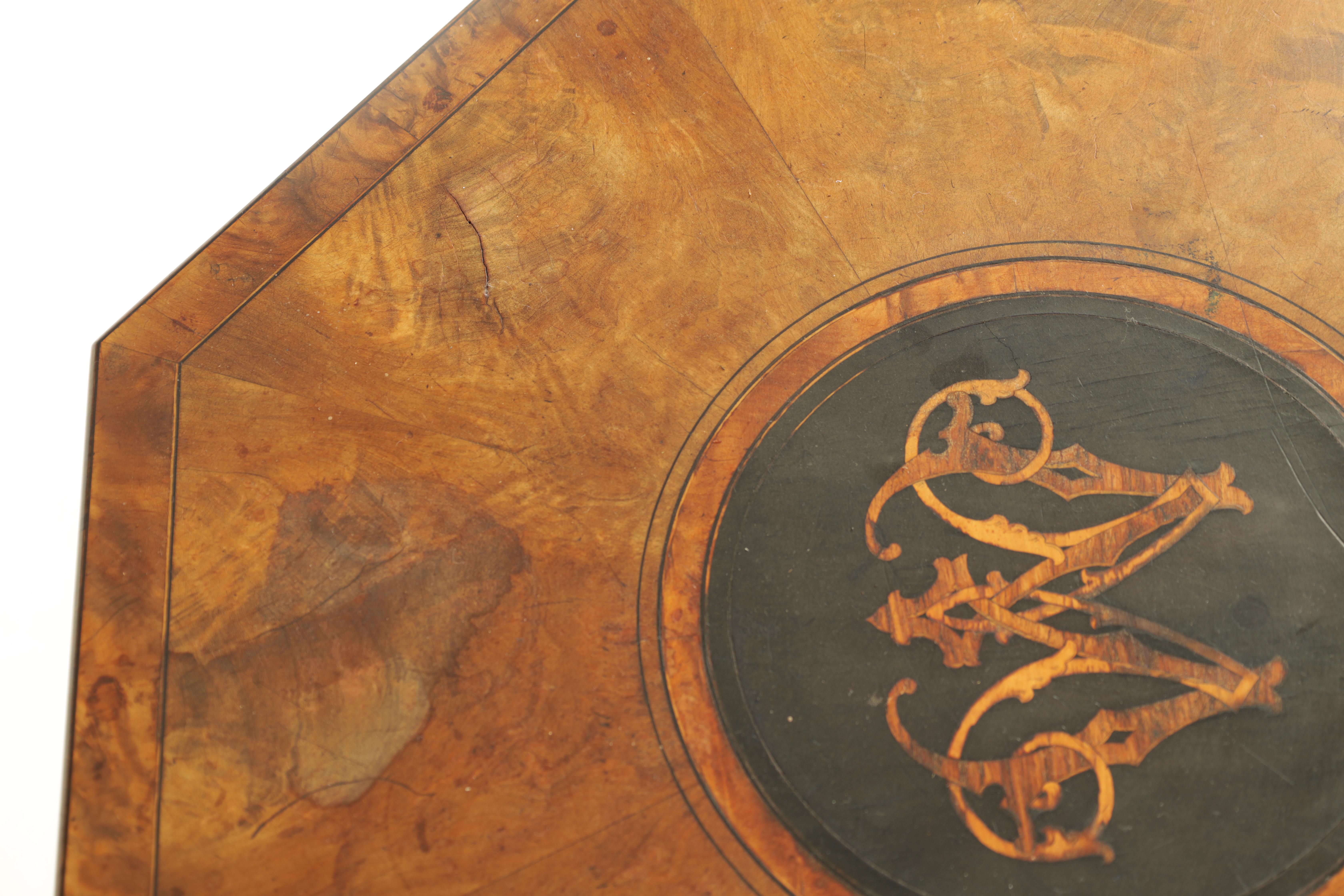 A 19TH CENTURY INLAID FIGURED WALNUT OCTAGONAL ITALIAN OCCASIONAL TABLE with monogrammed centre - Image 6 of 10