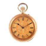 A SWISS 18CT GOLD OPEN FACED POCKET WATCH SIGNED CHARLES COWELL, DOUGLAS with foliate engraved