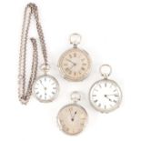 A COLLECTION OF FOUR SILVER CASED SWISS POCKET WATCHES three with foliate engraved cases and one