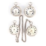 A COLLECTION OF FOUR SILVER CASED ENGLISH FUSEE POCKET WATCHES all having key wound chain driven