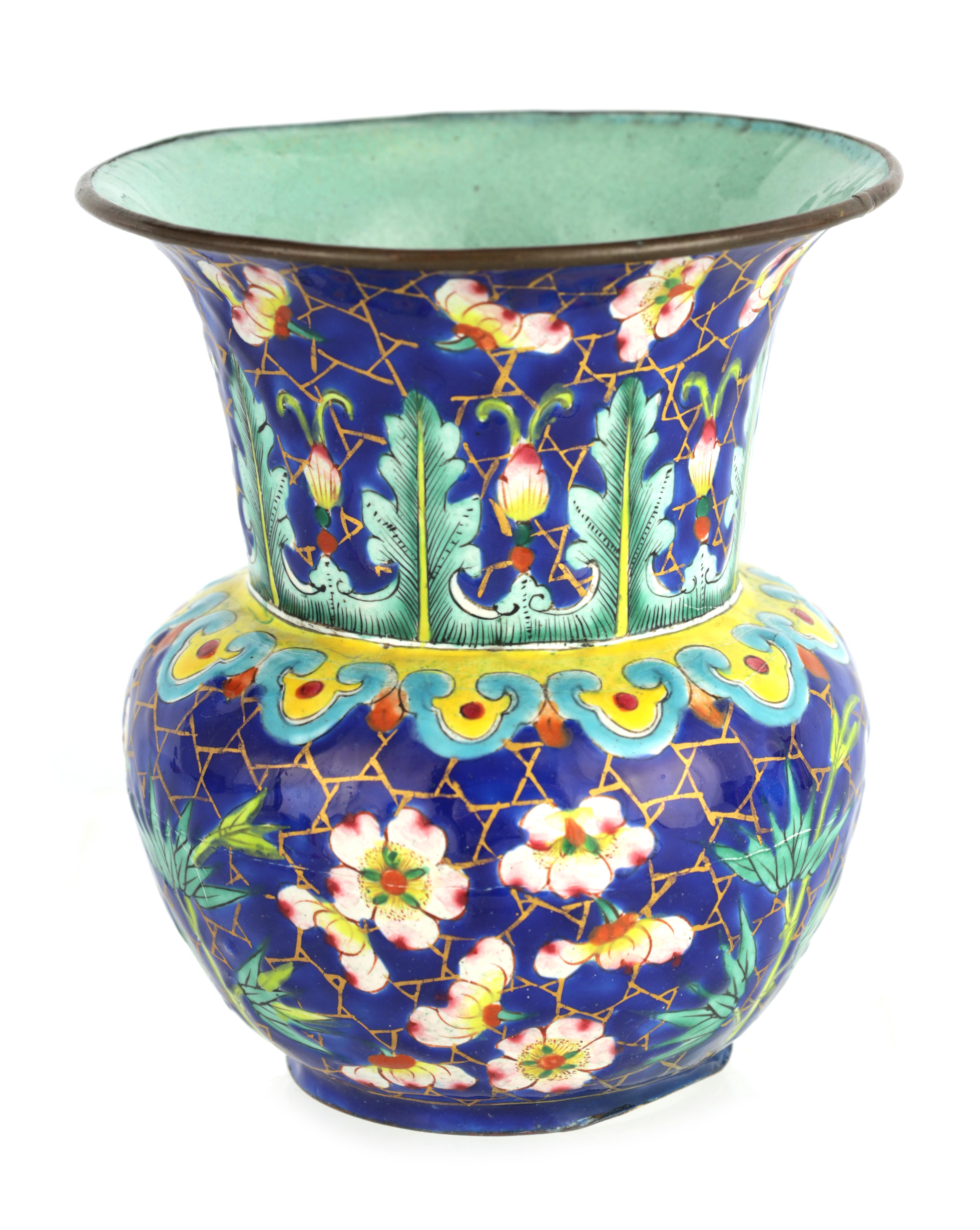 AN EARLY 19TH CENTURY CHINESE ENAMEL VASE of bulbous form with brightly coloured enamel decoration