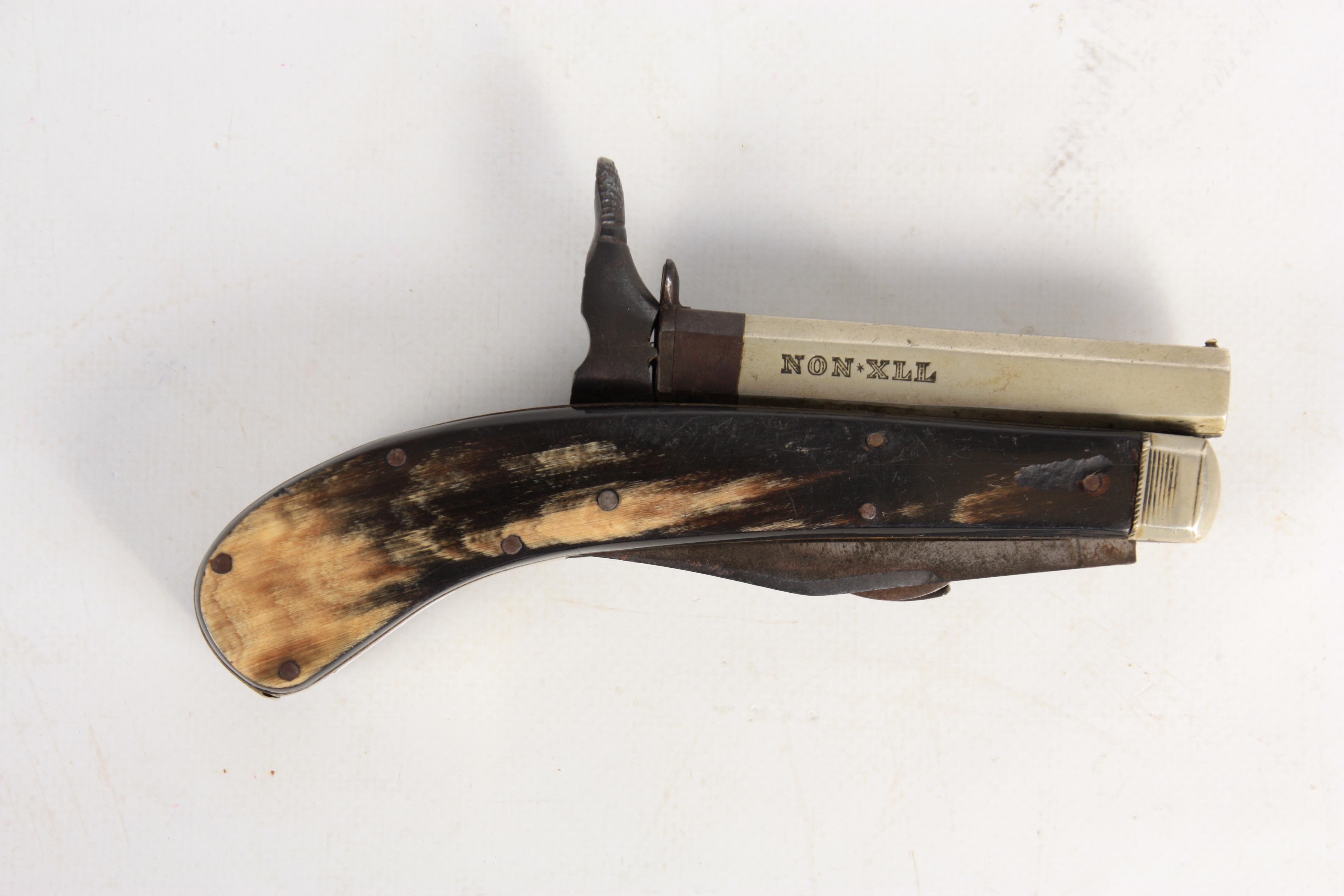 UNWIN & RODGERS, SHEFFIELD. A MID 19TH CENTURY PERCUSSION TWIN-BLADED KNIFE-PISTOL with signed - Image 4 of 7