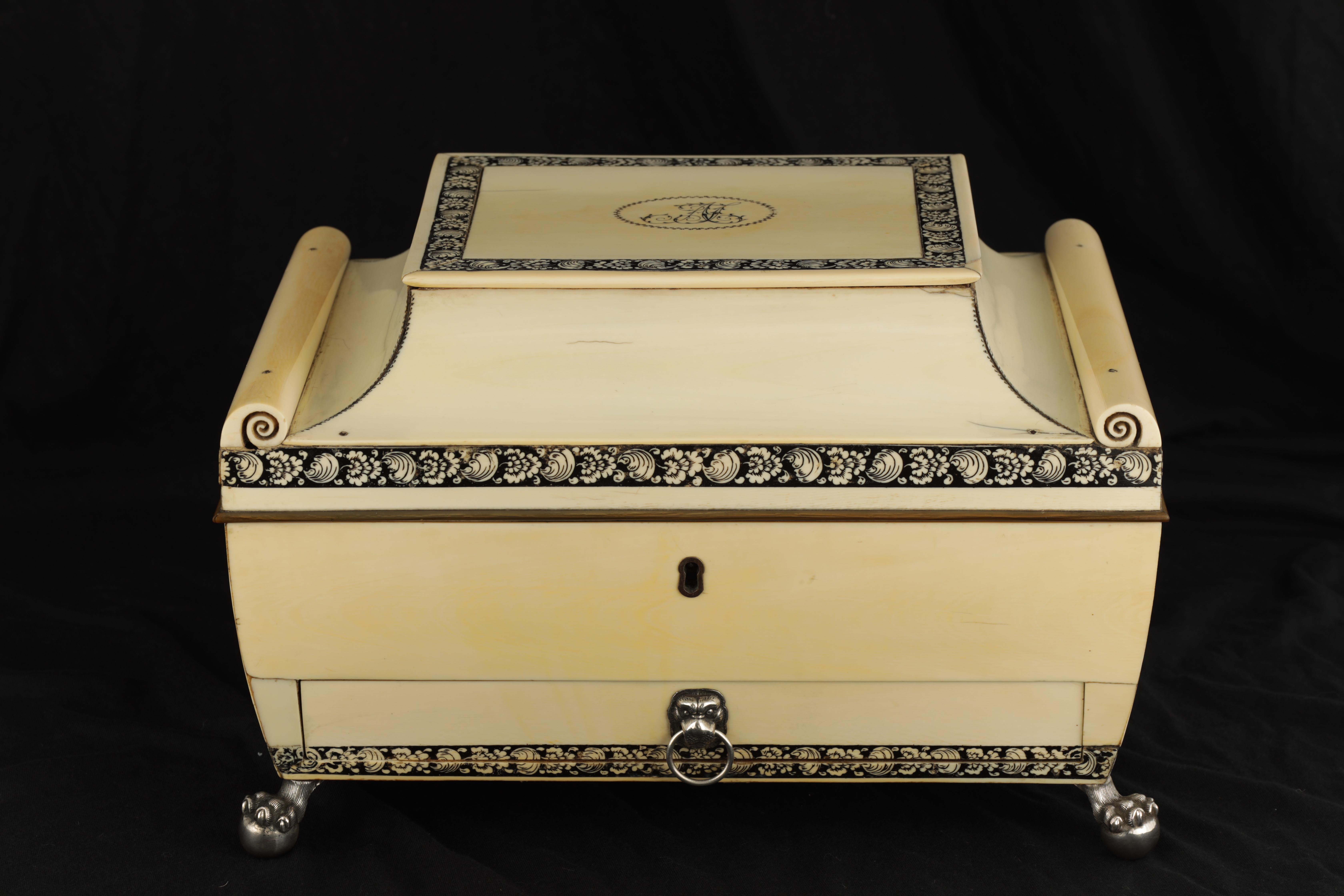 A FINE EARLY 19TH CENTURY ANGLO-INDIAN SILVER MOUNTED VIZAGAPATAM IVORY WORK-BOX set with finely - Image 3 of 15