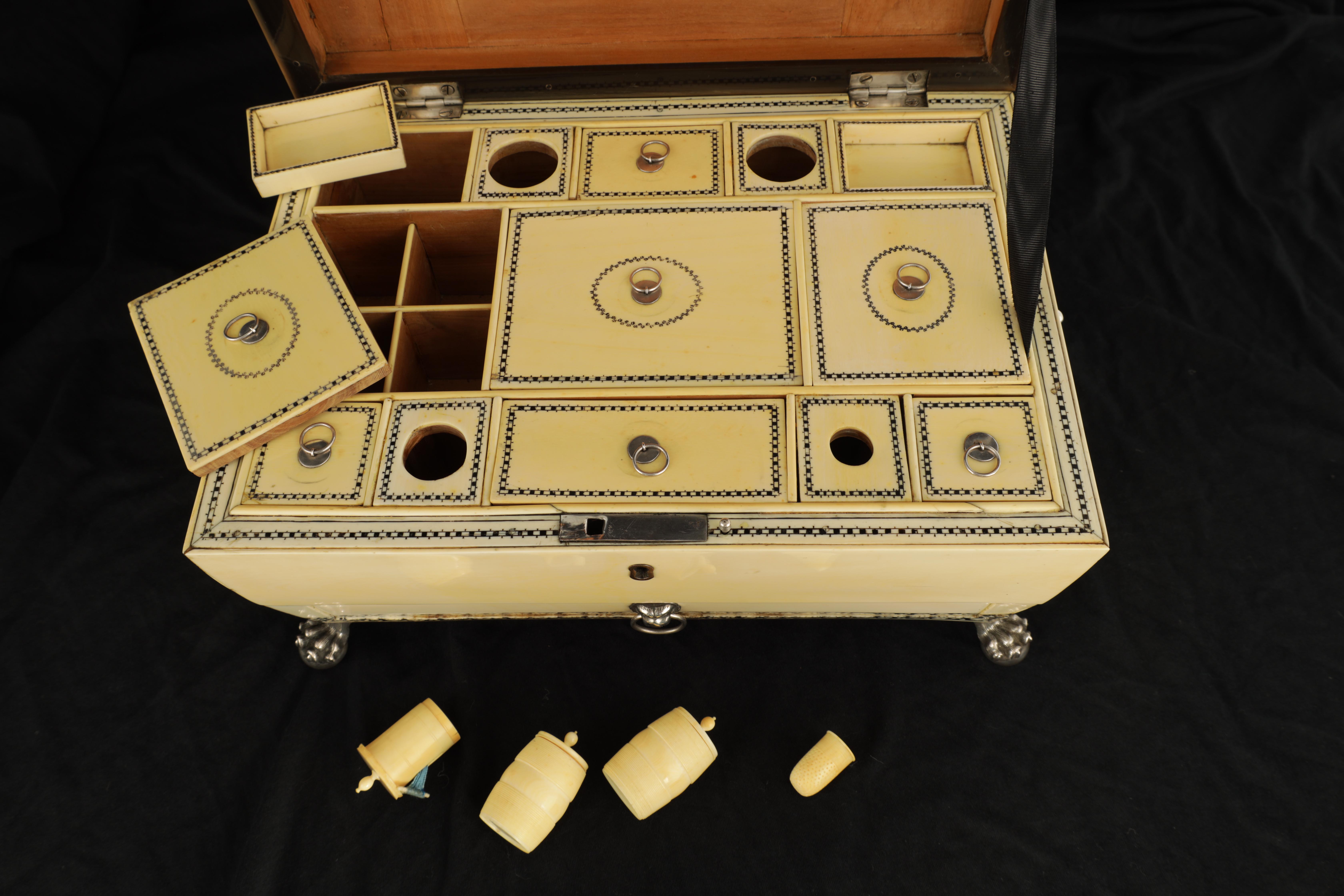 A FINE EARLY 19TH CENTURY ANGLO-INDIAN SILVER MOUNTED VIZAGAPATAM IVORY WORK-BOX set with finely - Image 10 of 15