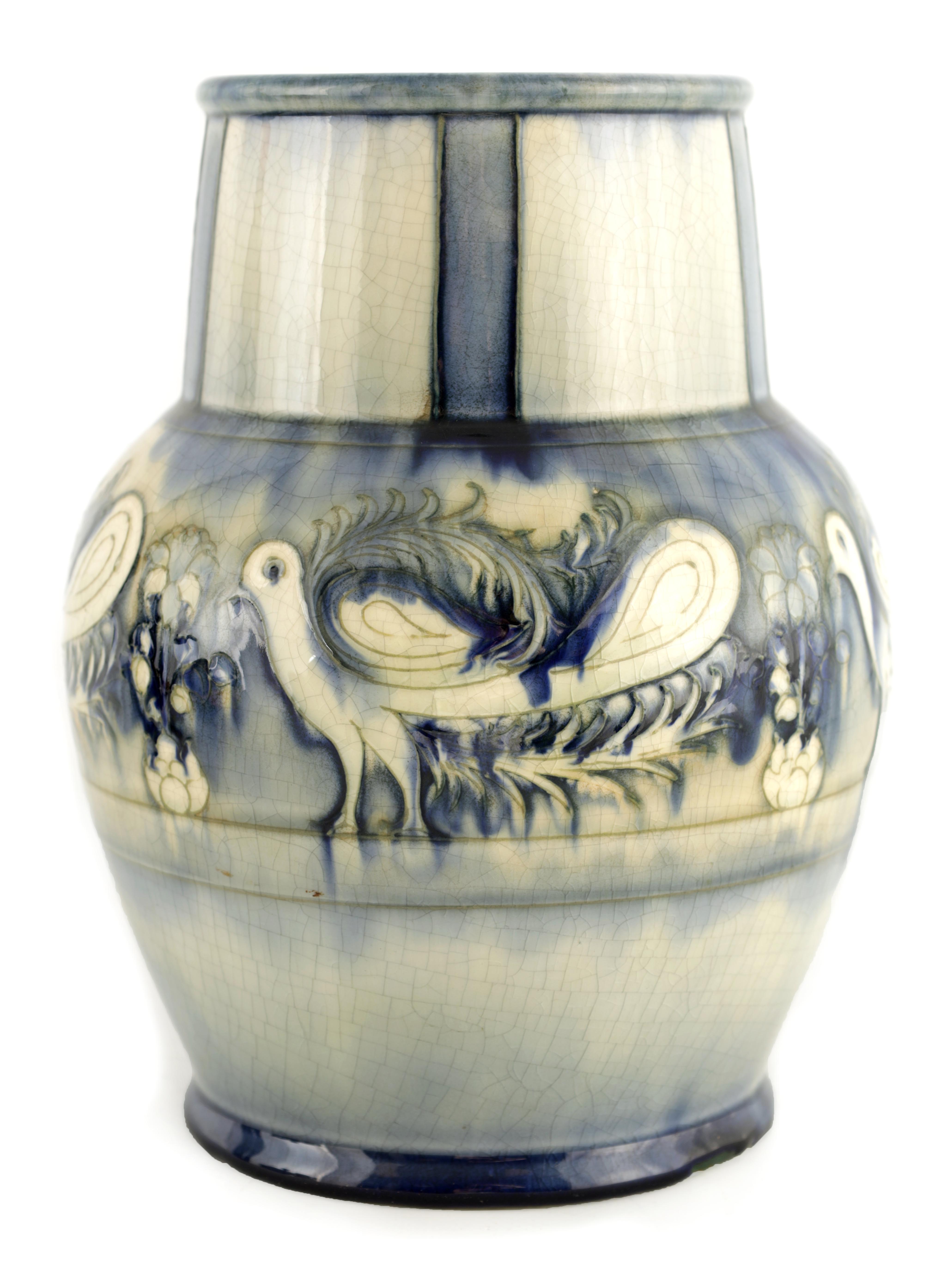 AN UNUSUAL 1930S/40S MOORCROFT LARGE BULBOUS VASE with banded body and strapped tapering neck,