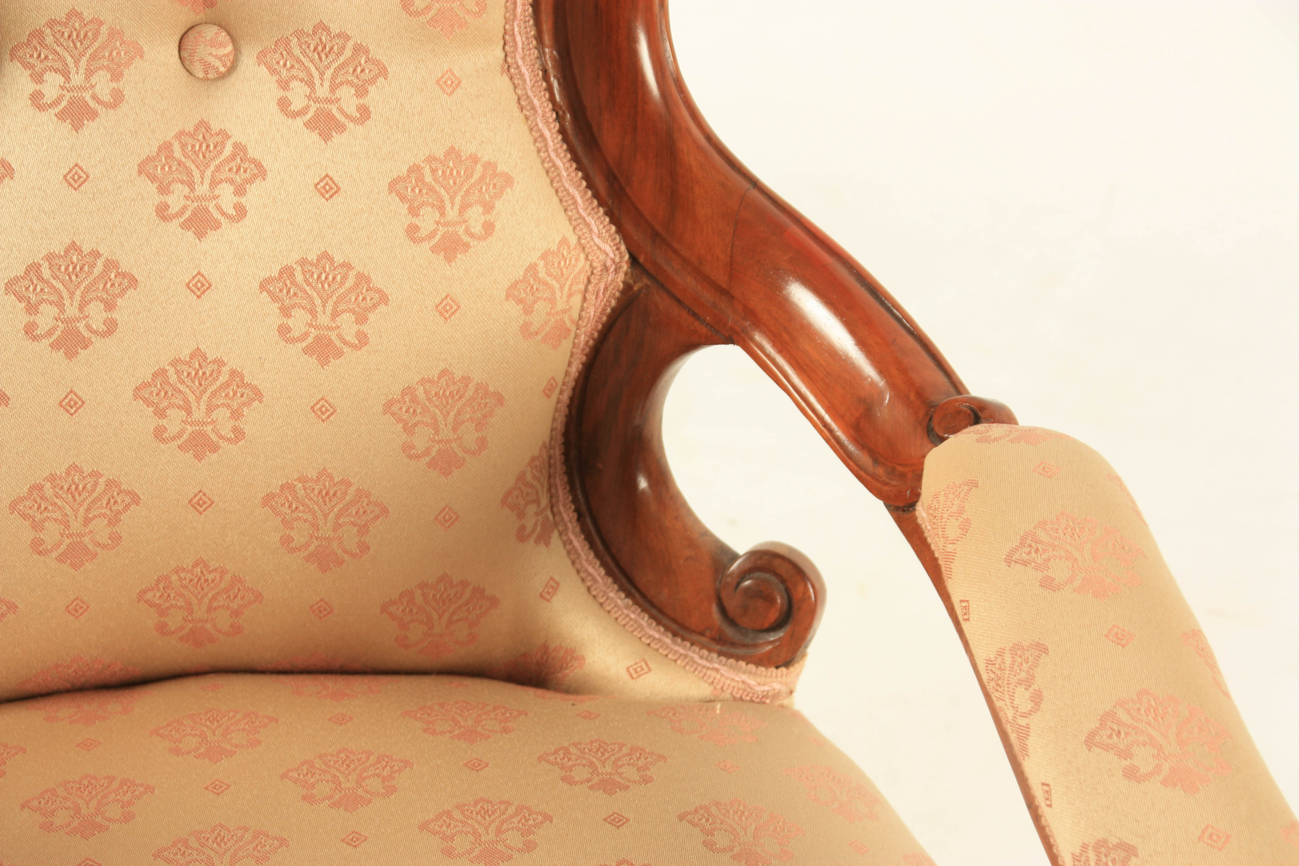 A MID 19TH CENTURY WALNUT UPHOLSTERED DRAWING ROOM CHAIR with shaped button back, joined by open - Image 5 of 8