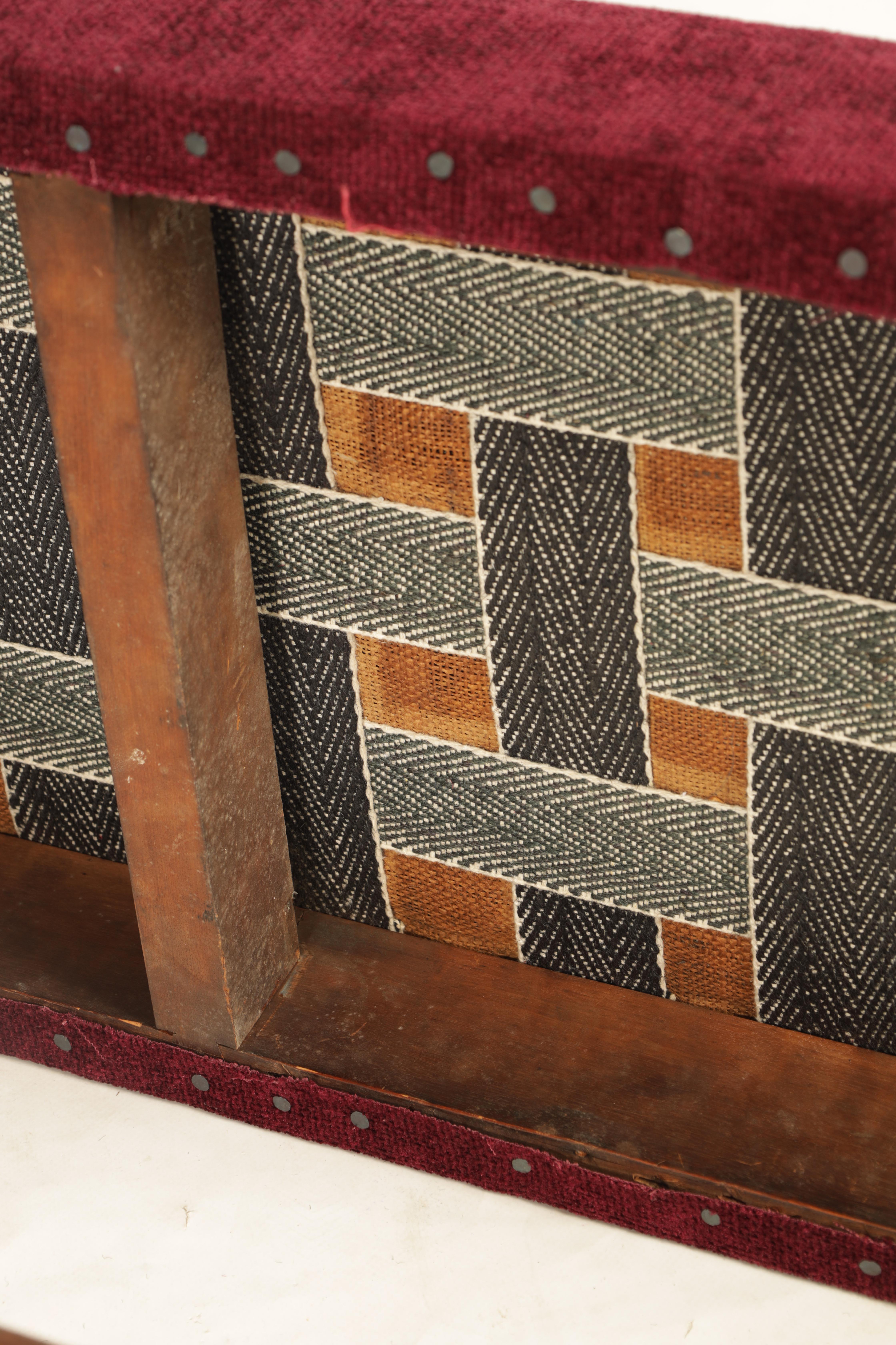 A 19TH CENTURY WALNUT WINDOW SEAT with upholstered top; standing on ring turned legs joined by a H - Image 7 of 7