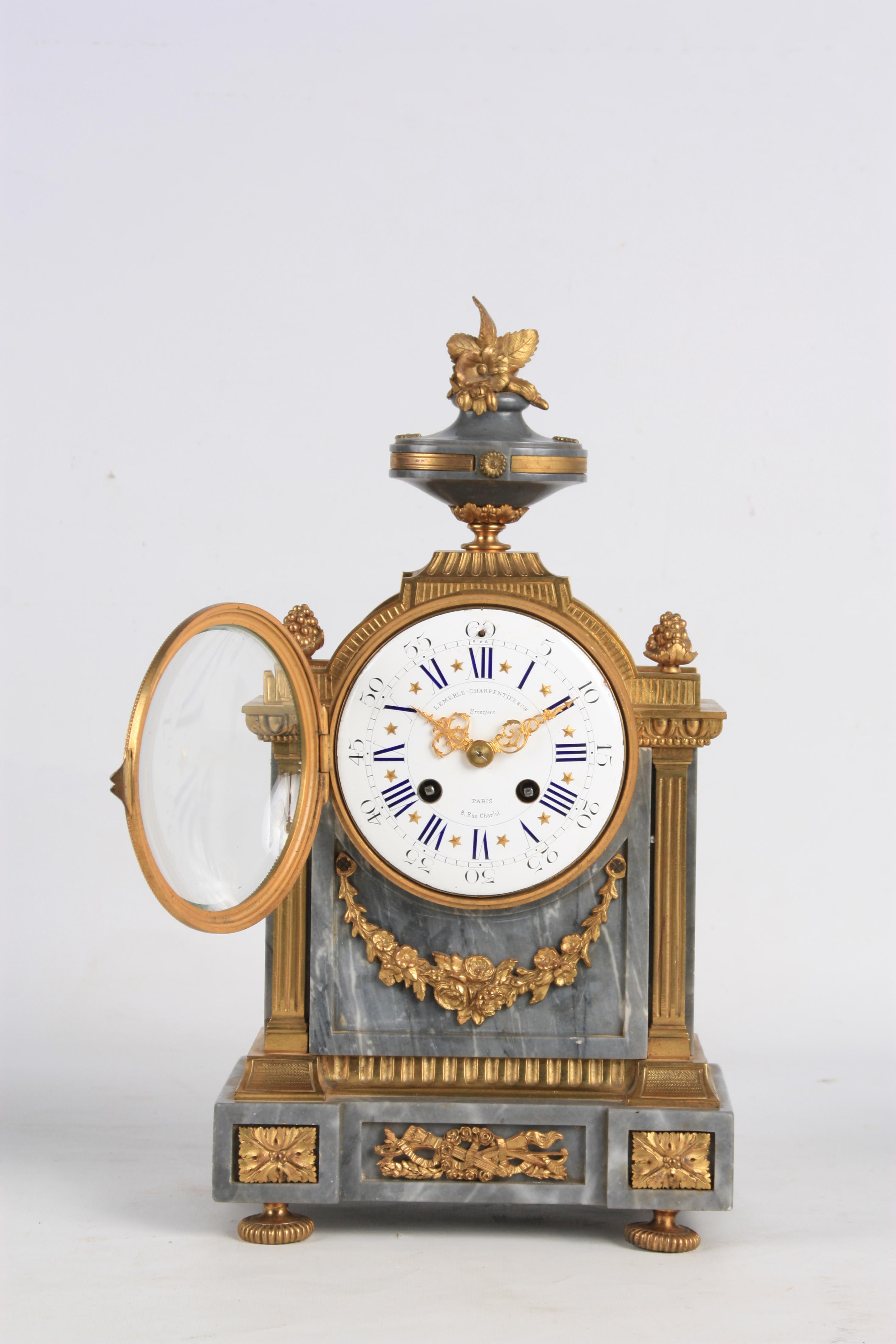 LEMERLE-CHARPENTIER & CIE, PARIS A MID 19TH CENTURY FRENCH MARBLE AND ORMOLU CLOCK GARNITURE the - Image 3 of 14