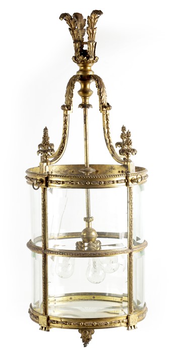 A LARGE REGENCY GILT BRASS HANGING LANTERN with leaf cast circular frame fitted with bevelled - Image 2 of 7