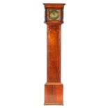 AN EARLY 20TH CENTURY MINIATURE OAK WEIGHT DRIVEN GRAND-MOTHER CLOCK with 7” square brass dial