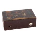 A 19TH CENTURY SWISS MINIATURE TIN TOLE PAINTED MUSIC BOX the lid decorated with a country