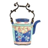 A RARE CHINESE YIXING ENAMELLED TEAPOT WITH EUROPEAN MOUNTS decorated with flower blossoms and
