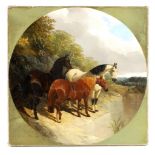 JOHN FREDERICK HERRING SNR. 1795-1865 TONDO OIL ON CANVAS Three horses beside a lake 40.5cm wide -