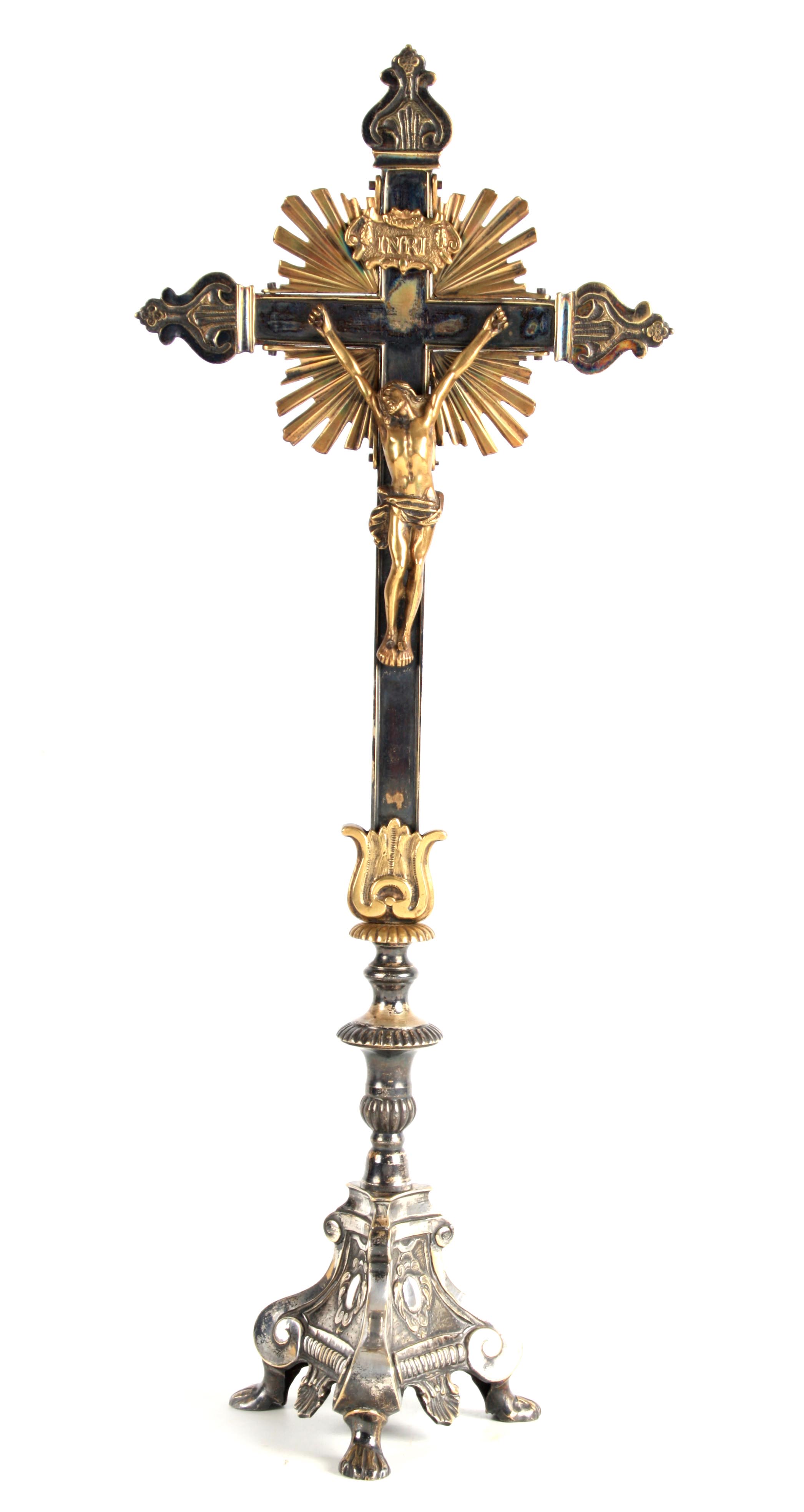 A LATE 19TH CENTURY BRASS AND STEEL CORPUS CHRISTI standing on a scrolled tripod base raised on