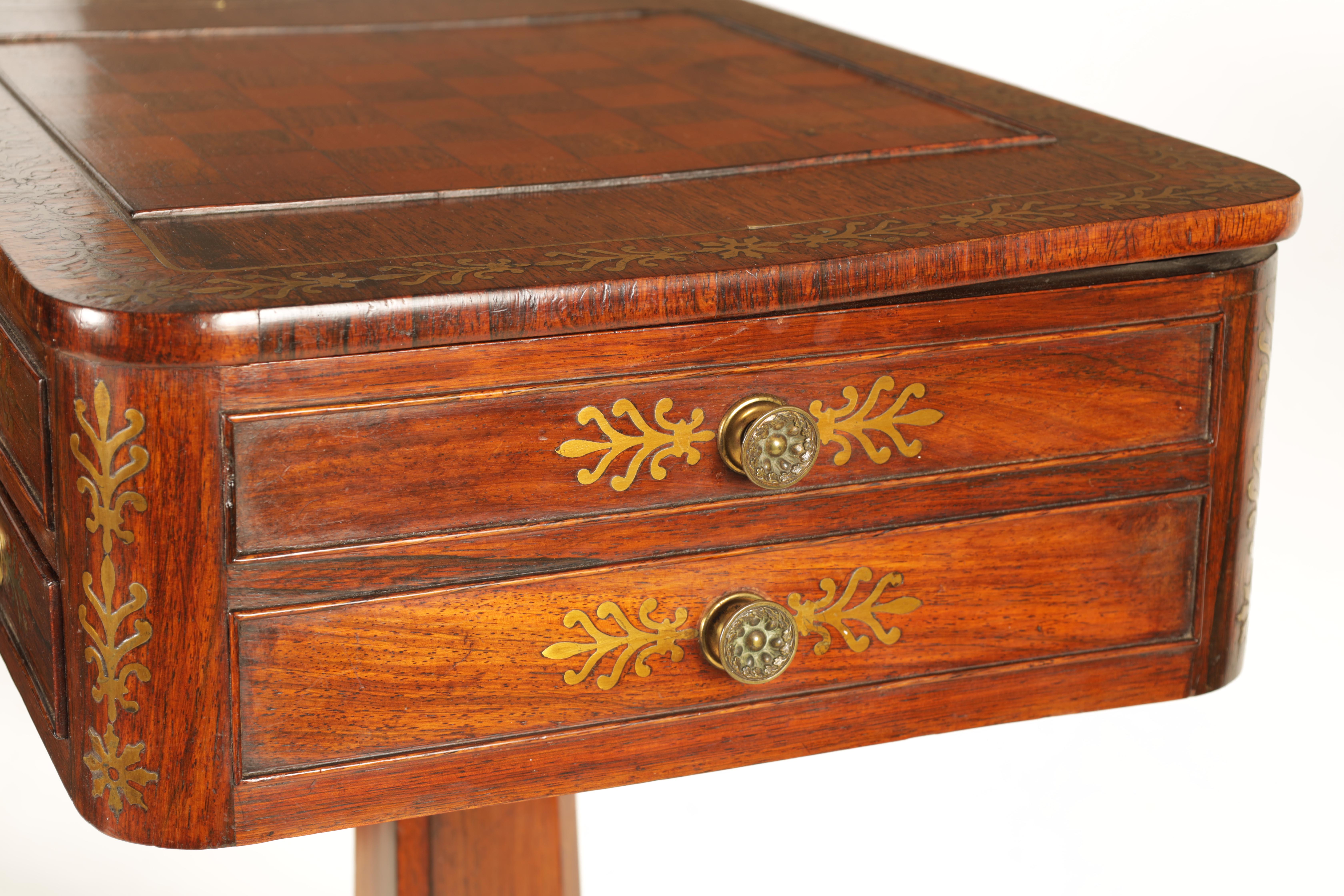 GILLOWS LANCASTER A REGENCY BRASS INLAID FIGURED ROSEWOOD WORK BOX with hinged floral inlaid chess - Image 4 of 16