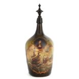 AN 18TH CENTURY GREEN GLASS BOTTLE WITH PAINTED NAVAL SCENE AND ARMOURIAL depicting a naval scene