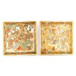 A PAIR OF MEIJI PERIOD SATSUMA JAPANESE HANGING WALL PLAQUES with figural interior scenes 33cm