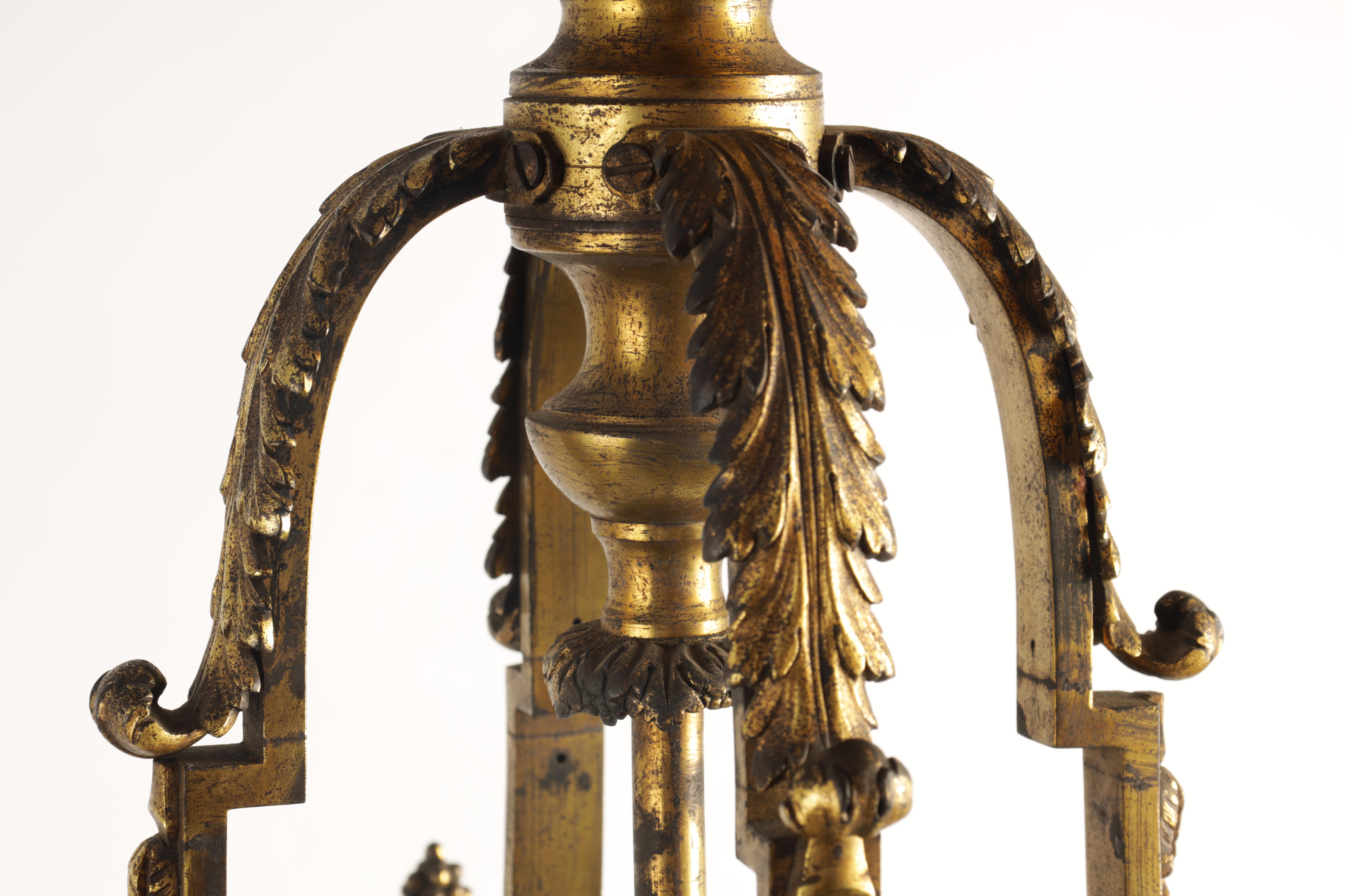 A LARGE REGENCY GILT BRASS HANGING LANTERN with leaf cast circular frame fitted with bevelled - Image 3 of 7